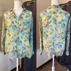 J Jill Women Medium Cotton Silk Floral Button Front Long Sleeve Shirt Pink Green